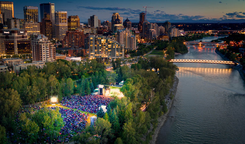 Photo of Calgary's idyllic Prince’s Island Park - home of the Calgary Folk Music Festival.